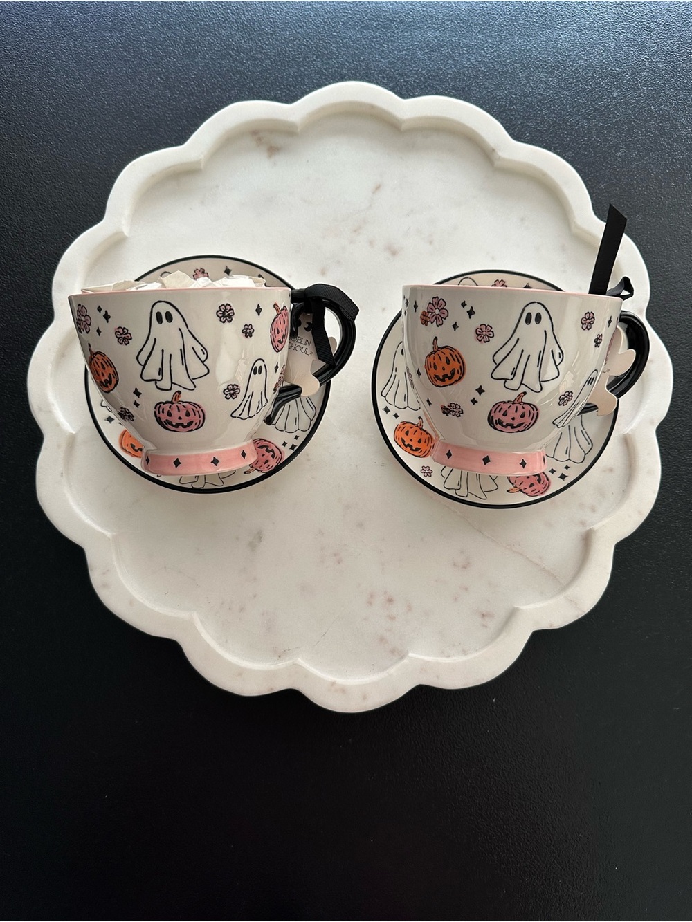 Goblin & Ghoul Ghost & Pumkin Patterned multicolored Mug & Saucer ~ Set of 2